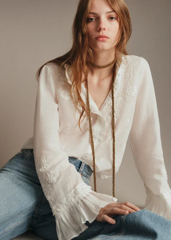 Sezane Emilie Shirt - Embroidered Ecru