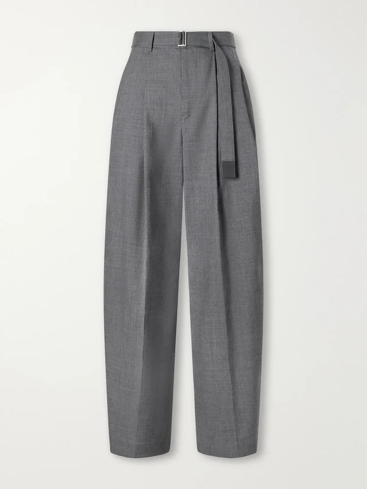 Belted pleated twill wide-leg pants