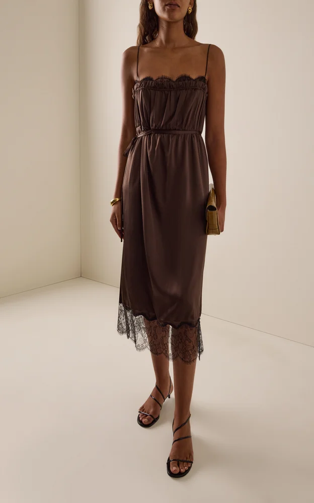 Lace-Trimmed Silk Midi Dress