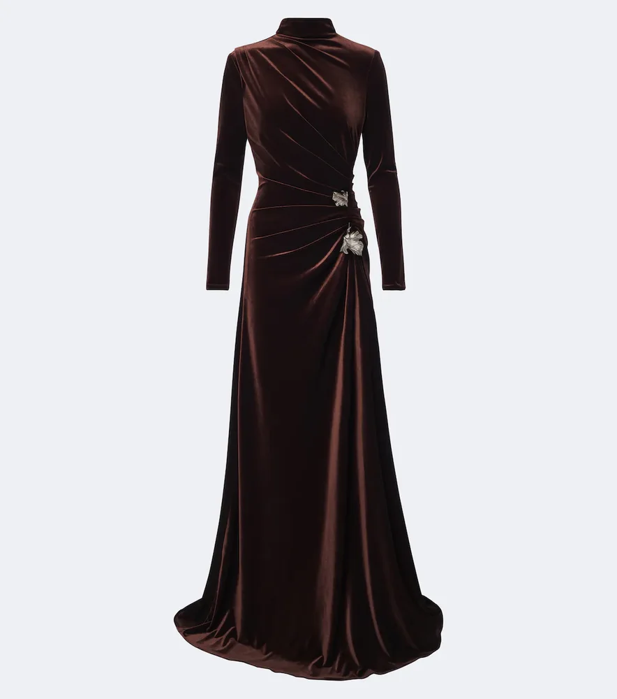 Draped embellished velvet gown