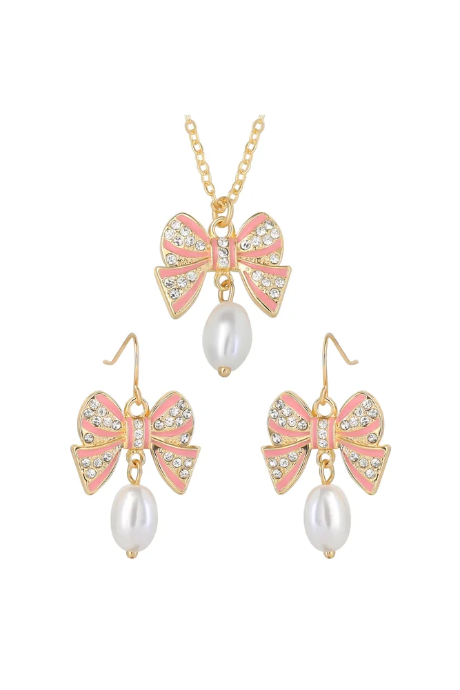 Pearl and Bow Jewelry Set with Necklace and Drop Earrings