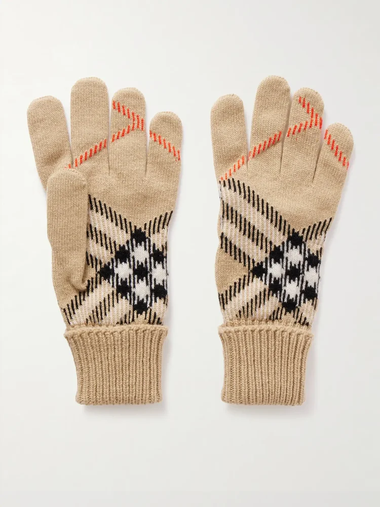 Checked Cashmere-Blend Gloves, Sand