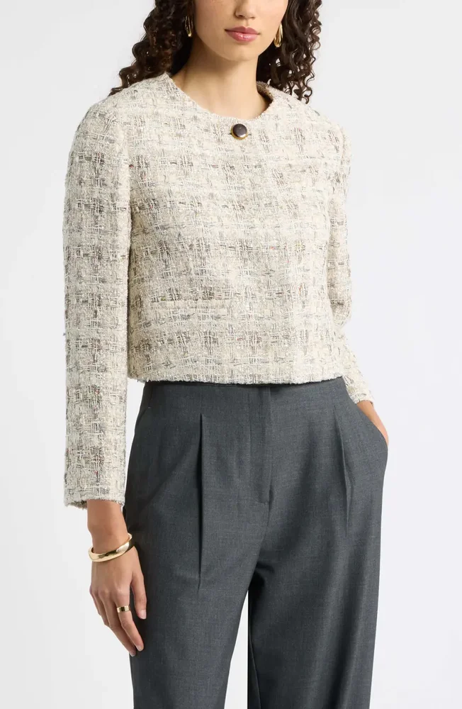 Collarless Cropped Tweed Jacket