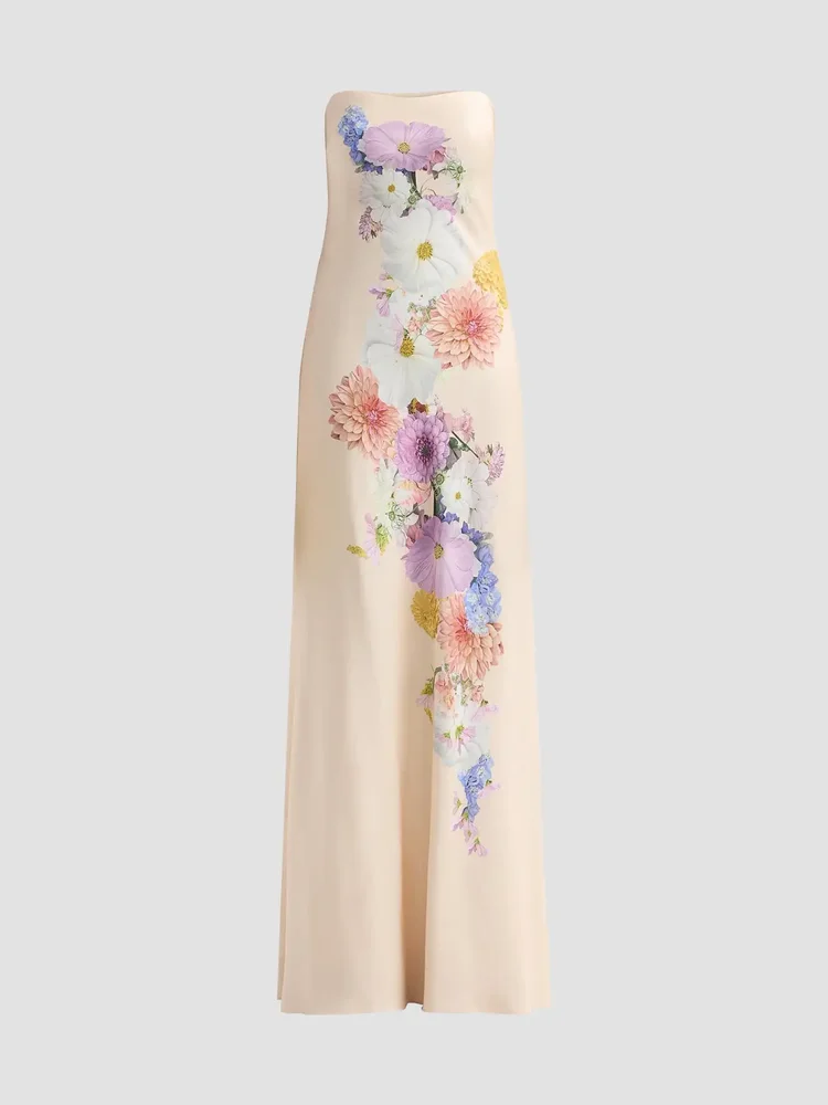 Vionne Floral Crepe Strapless Gown