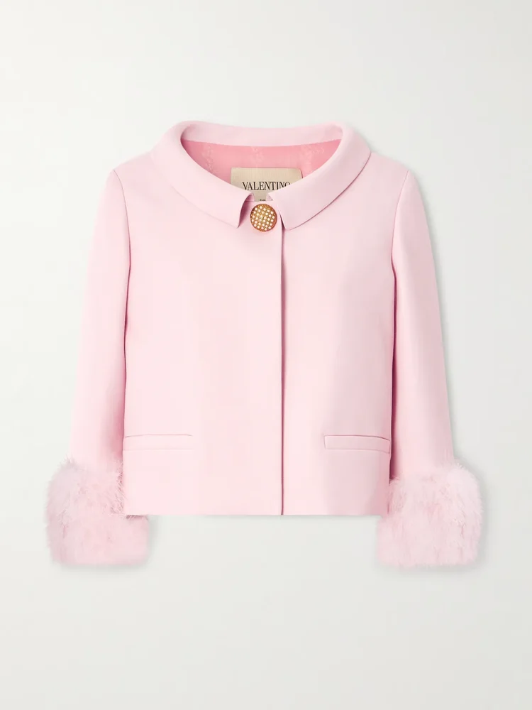 Embellished feather-trimmed wool and silk-blend crepe de chine jacket