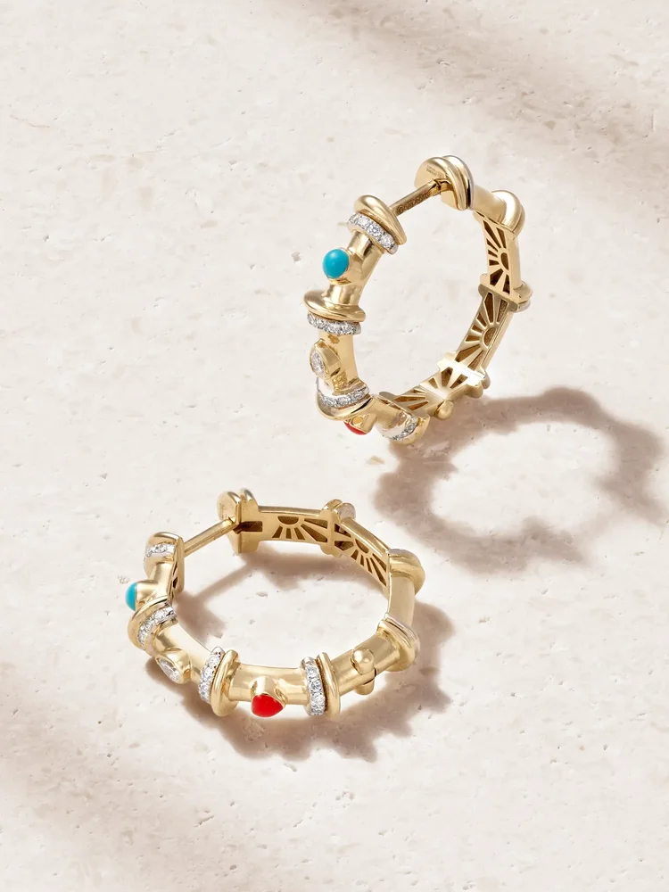 Milky Way 18-karat gold, diamond and enamel hoop earrings