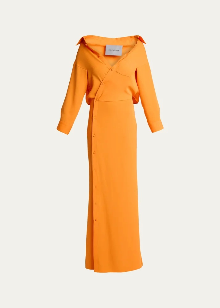 Off-The-Shoulder Silk Cady Asymmetric Maxi Shirtdress