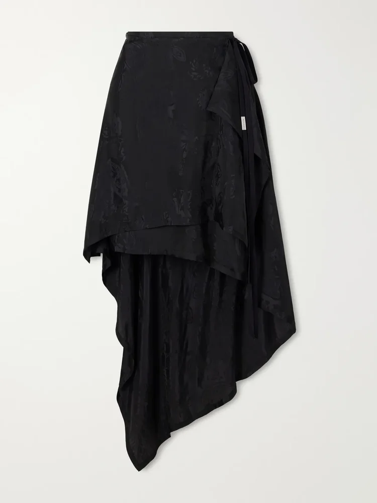 Birit paisley-jacquard satin asymmetric wrap midi skirt