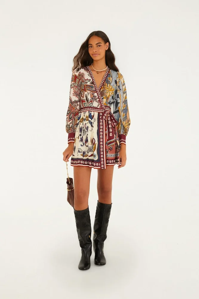 Farm Rio stained glass beauty mixed scarves tassels mini dress