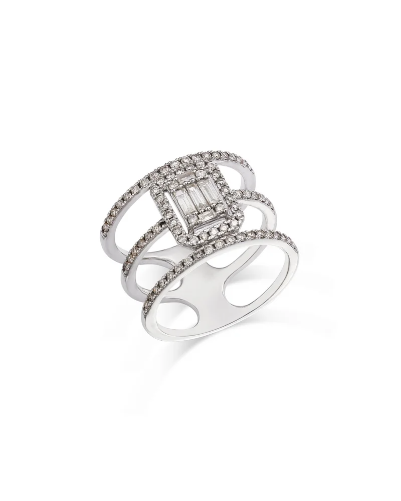 Diamond Round & Baguette Triple Row Ring in 14K White Gold, 0.75 tcw