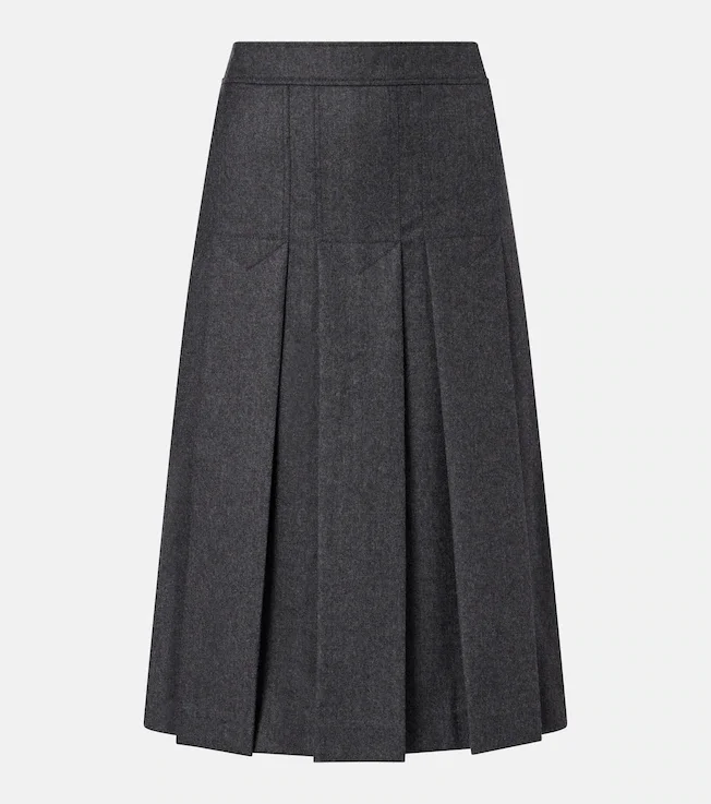 Pleated virgin wool flannel midi skirt