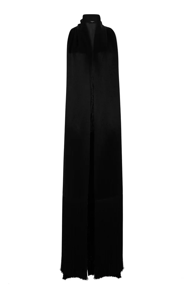 Asymmetric Fringed Satin Maxi Dress