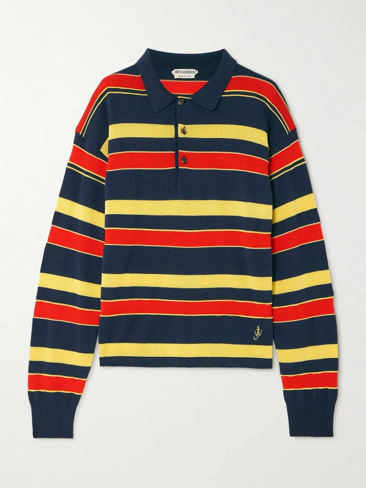 Embroidered striped cotton and wool-blend polo shirt