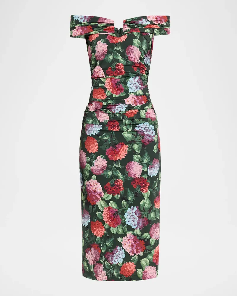 Off-The-Shoulder Hydrangea Print Ruched Jersey Midi Dress