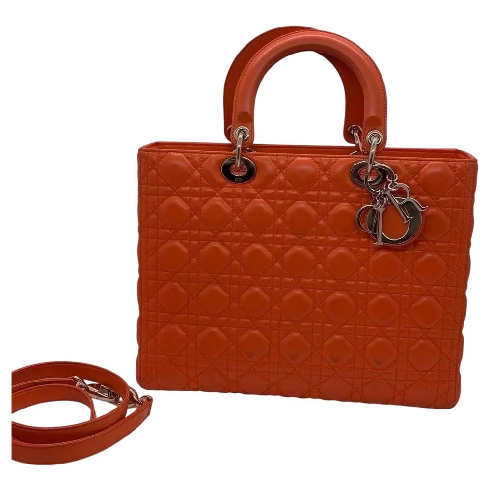 Pre-Owned Lightly Worn Orange-Red Large Lady Dior Shoulder Bag
