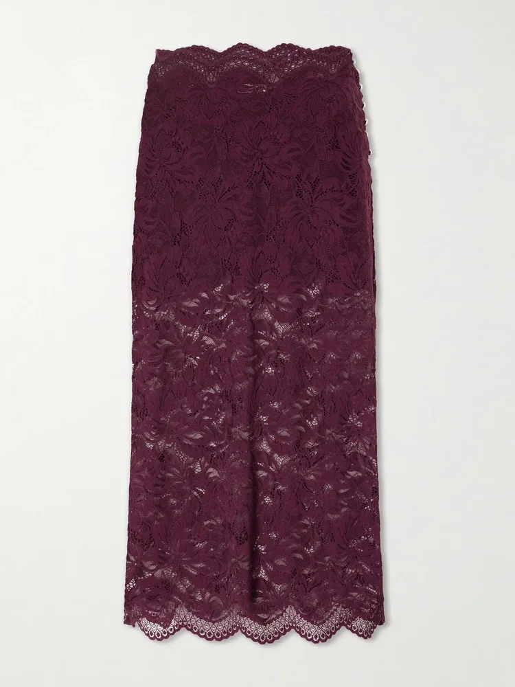 bead embellished lace midi skirt