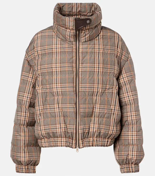 Checked leather-trimmed down jacket