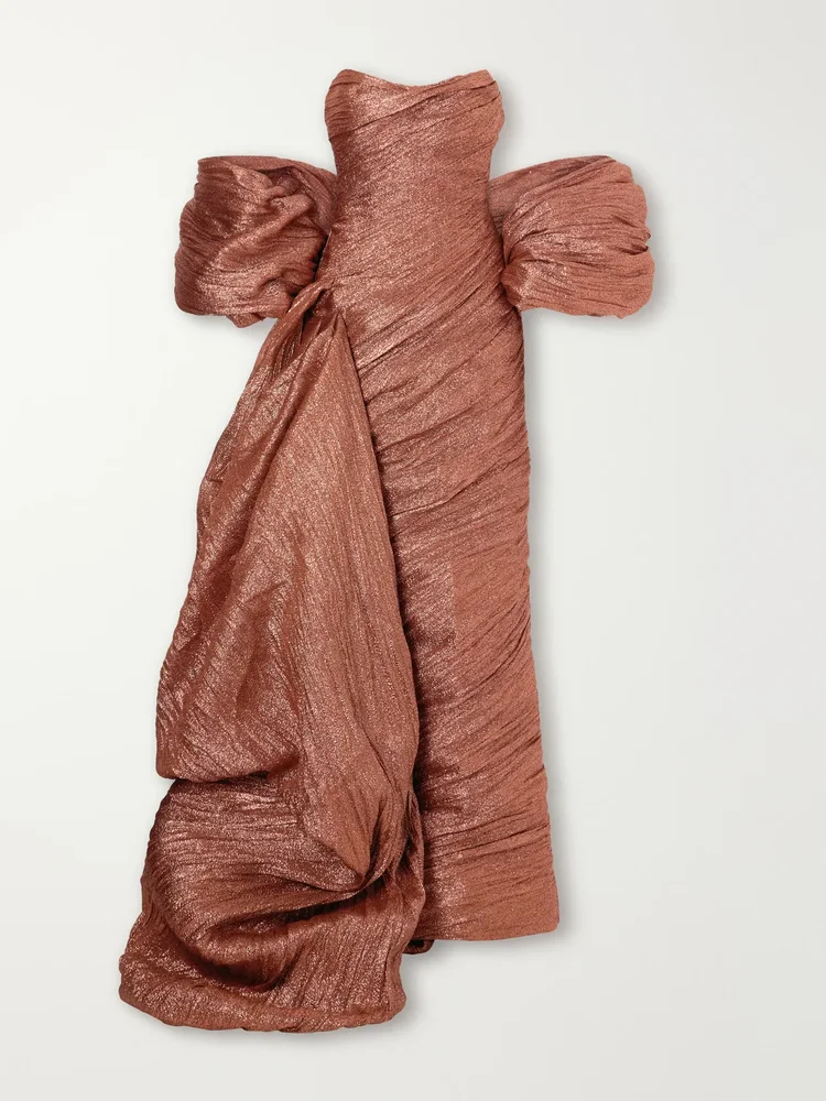 Strapless draped brocade wrap gown