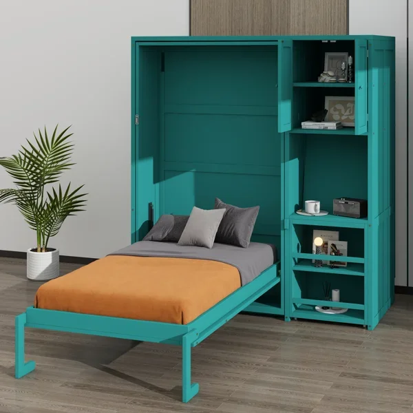 Twin Size Rotatable Wall-Mounted Murphy Bed with Bookcase, Upper Cupboard and Expandable Desk