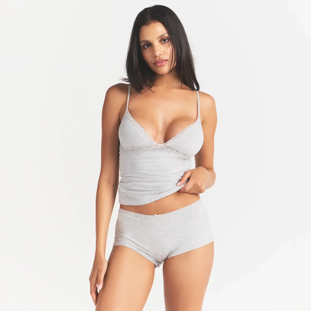 Lightweight Cotton Lace Cami And Boy Short Set in Light Heather Grey