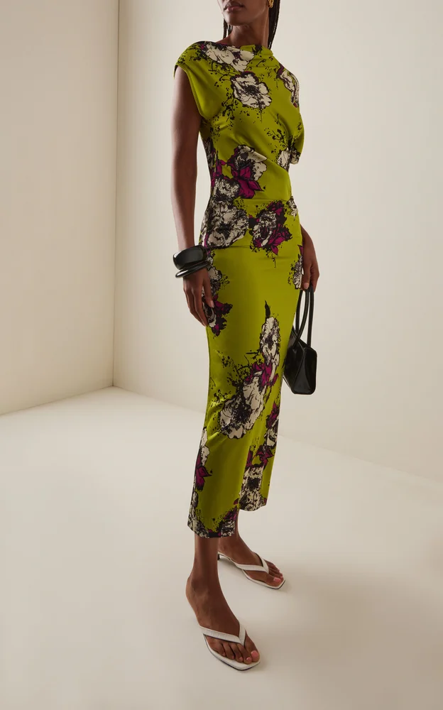 One-Shoulder Printed Stretch-Satin Midi Dress