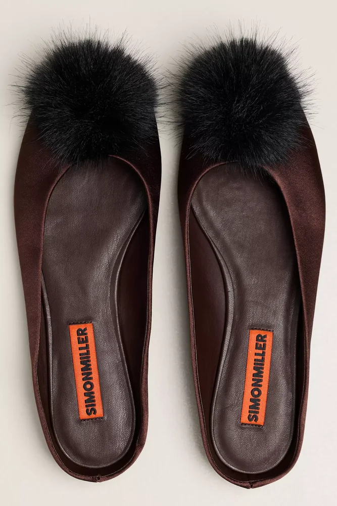 SIMONMILLER Pom Pom Riad Satin Ballet Mule Flats