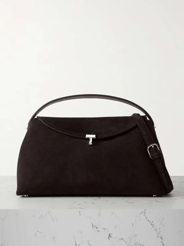 Dark brown T-Lock suede shoulder bag | TOTEME