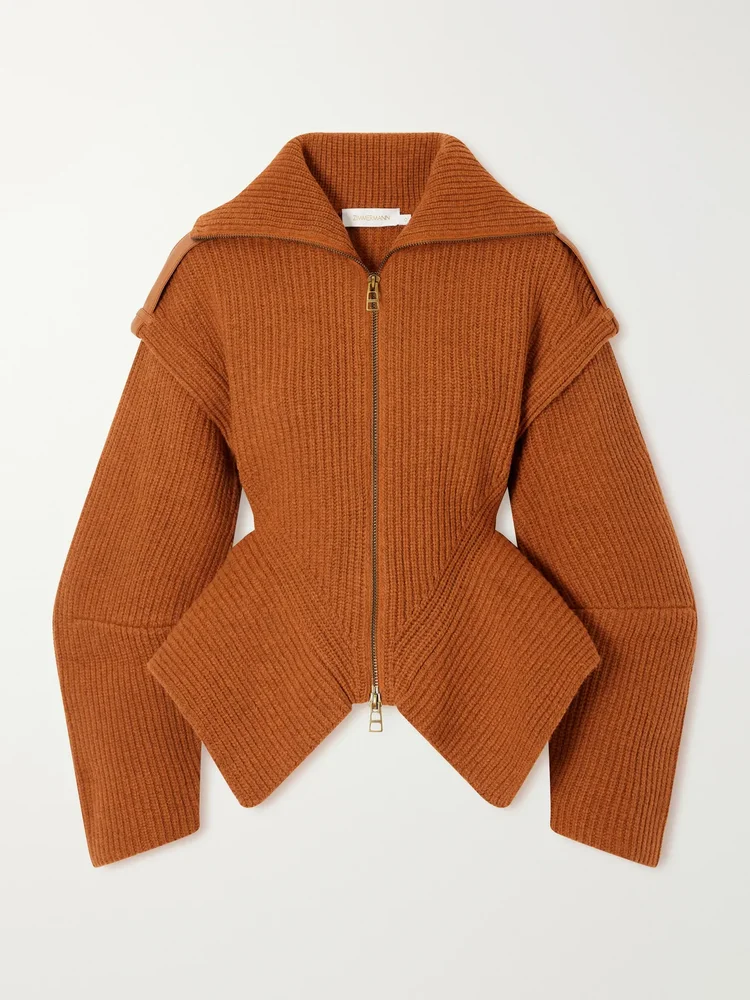 Valiant leather-trimmed ribbed-knit wool-blend cardigan