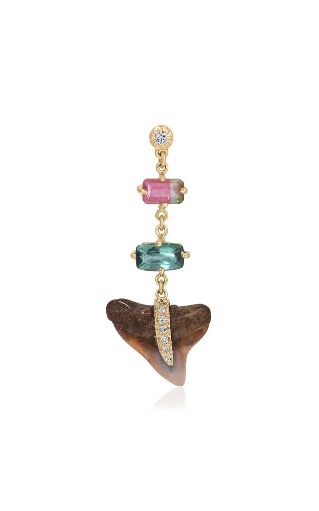 14k Yellow Gold Tourmaline + Shark Tooth Drop Stud