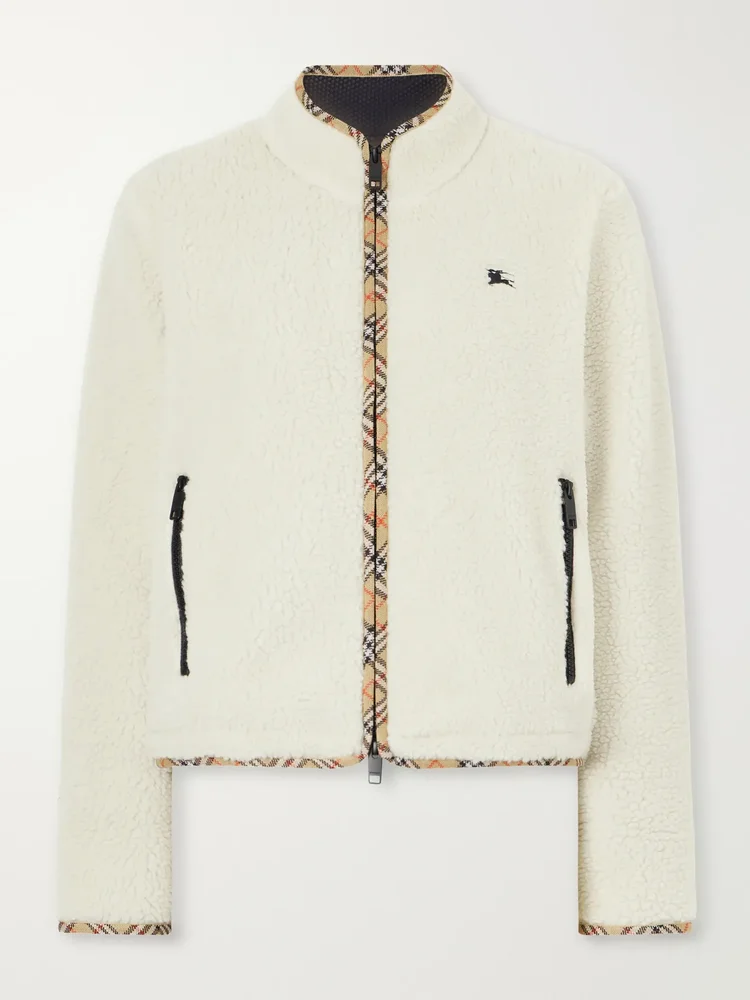 Check-trimmed wool-blend plush jacket