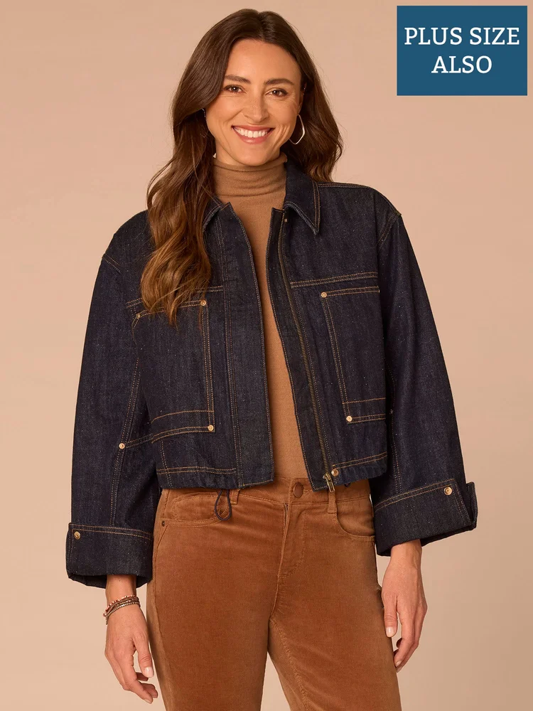 Snap Cuff Sleeve Adjustable Hem Plus Size Denim Bomber Jacket