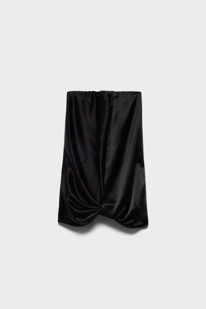 Cinch Hem Mini Dress in Satin Black