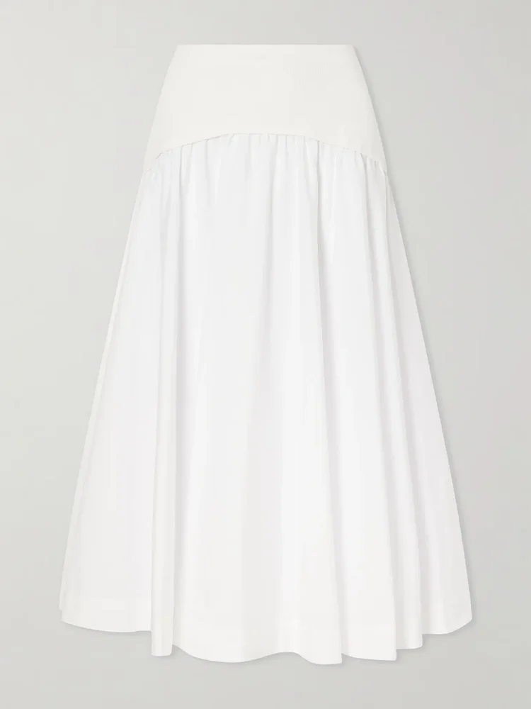 ovie pleated ribbed cotton poplin midi skirt