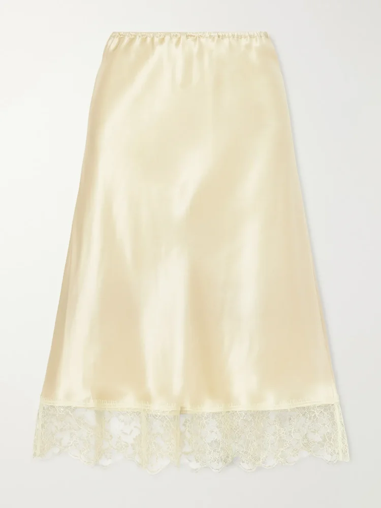 Lace-trimmed silk-satin midi skirt