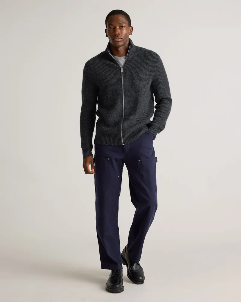 Mongolian Cashmere Fisherman Full Zip Sweater in Heather Charcoal