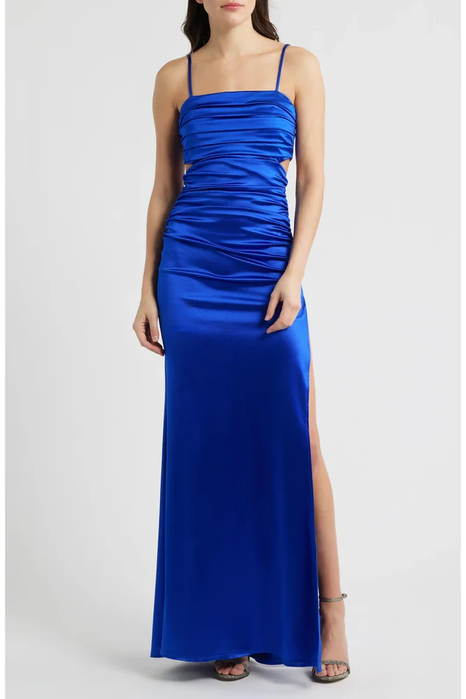 Ruched Sleeveless Satin Gown