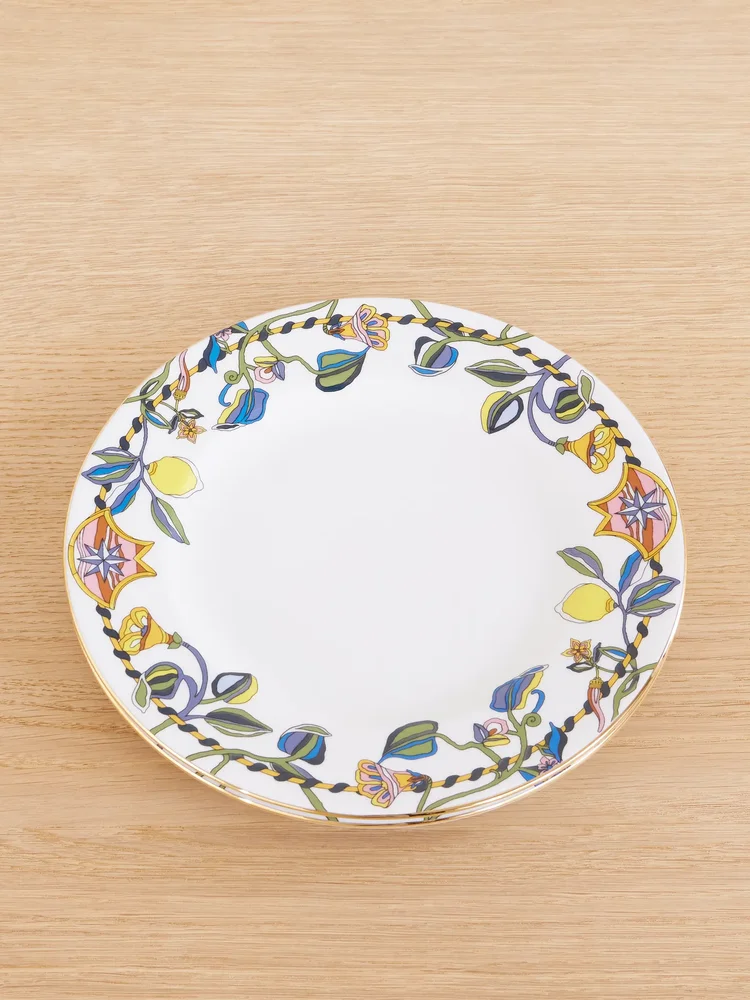 Set of two gold-plated painted porcelain dinner plates