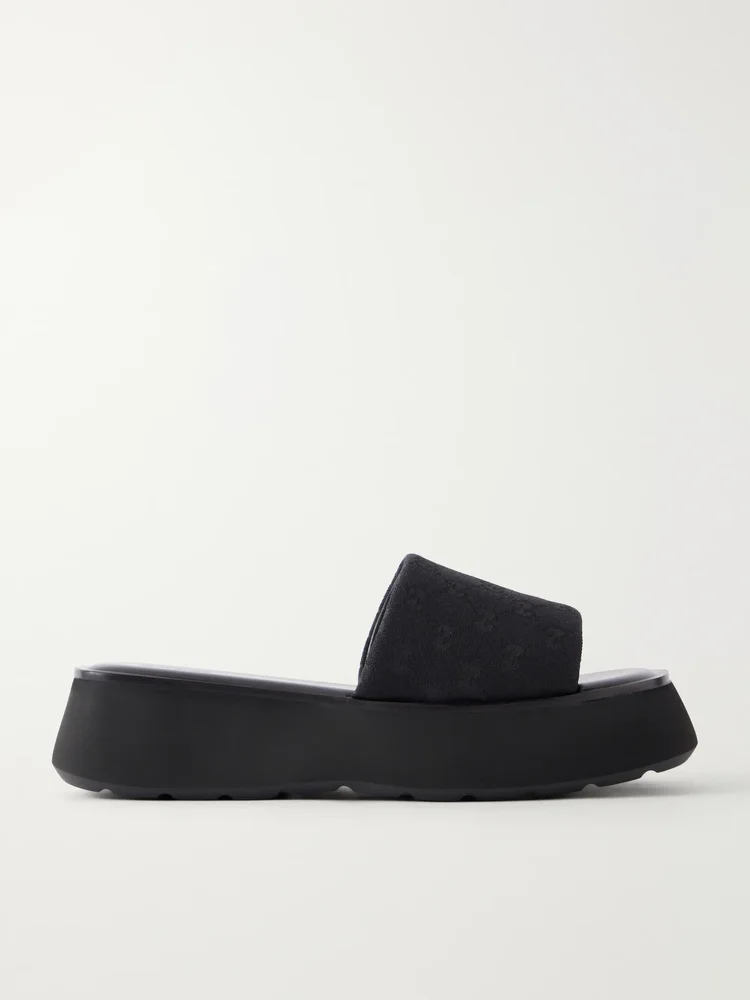 GG Supreme-Jacquard Leather-Trimmed Canvas Platform Slides