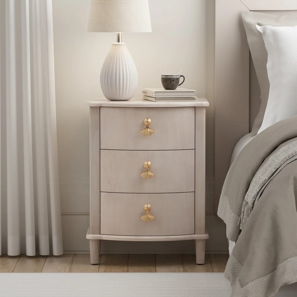 Elegant 3-Drawer Nightstand With Gold Leaf Handles