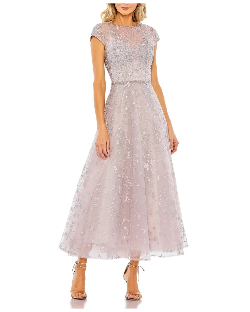 Embellished High Neck Cap Sleeve A Line Dress