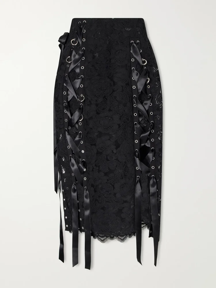 unraveling ribbon ring asymmetric embellished lace and satin midi skirt