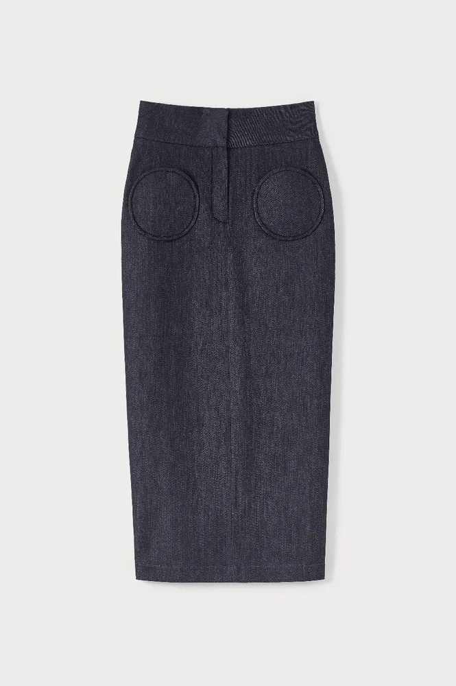Denim pencil skirt with circular pockets - Dark Blue
