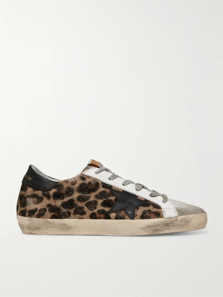 superstar distressed leopard print calf hair leather and suede sneakers