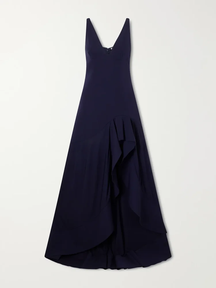 asymmetric ruffled crepe maxi dress