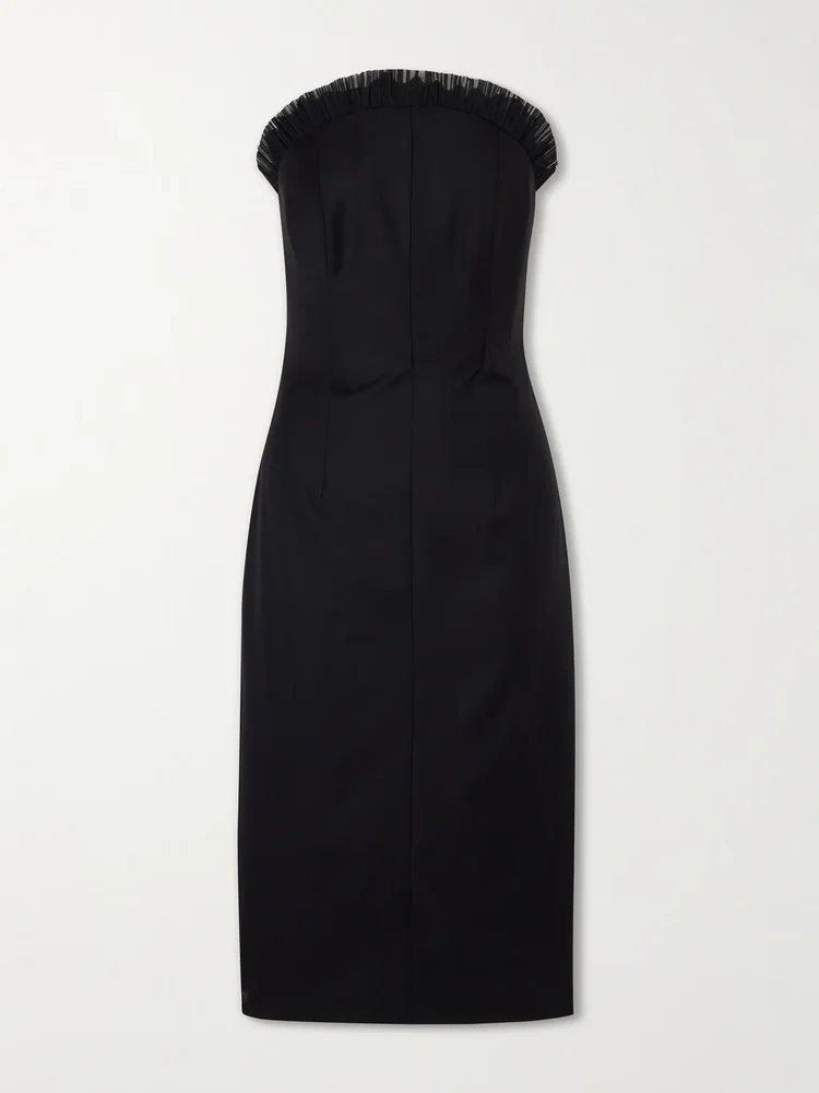 Strapless ruffled tulle-trimmed wool dress