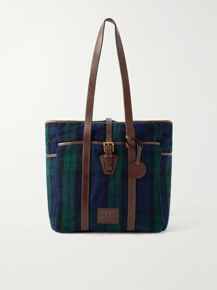 Checked Leather-Trimmed Flannel Tote Bag