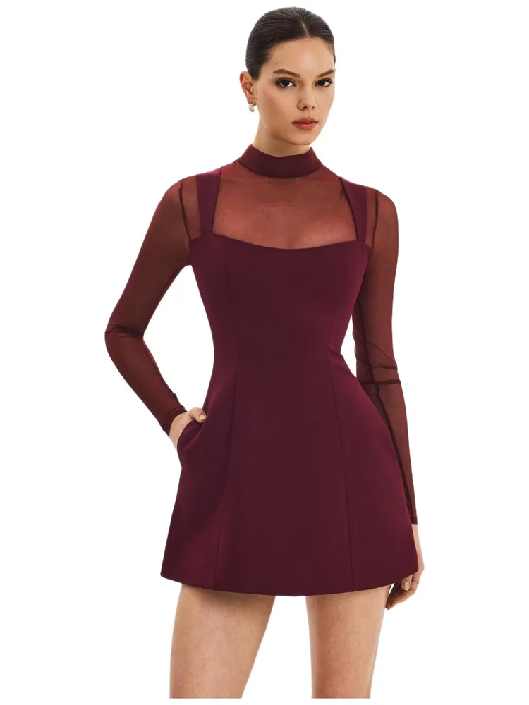 Natasha Burgundy Faux Two-Piece Turtleneck Mini Dress