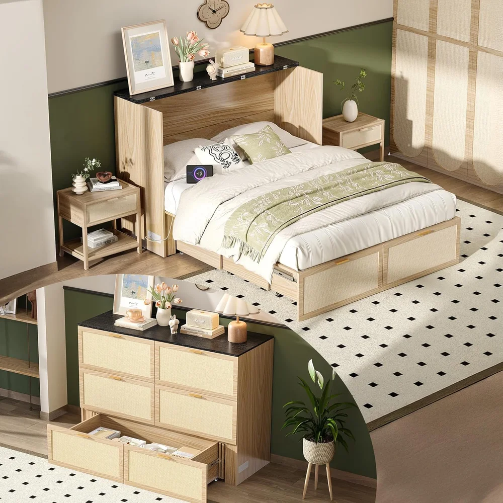 Queen Rattan Murphy Bed with Storage Drawer and 2 Charging Stations