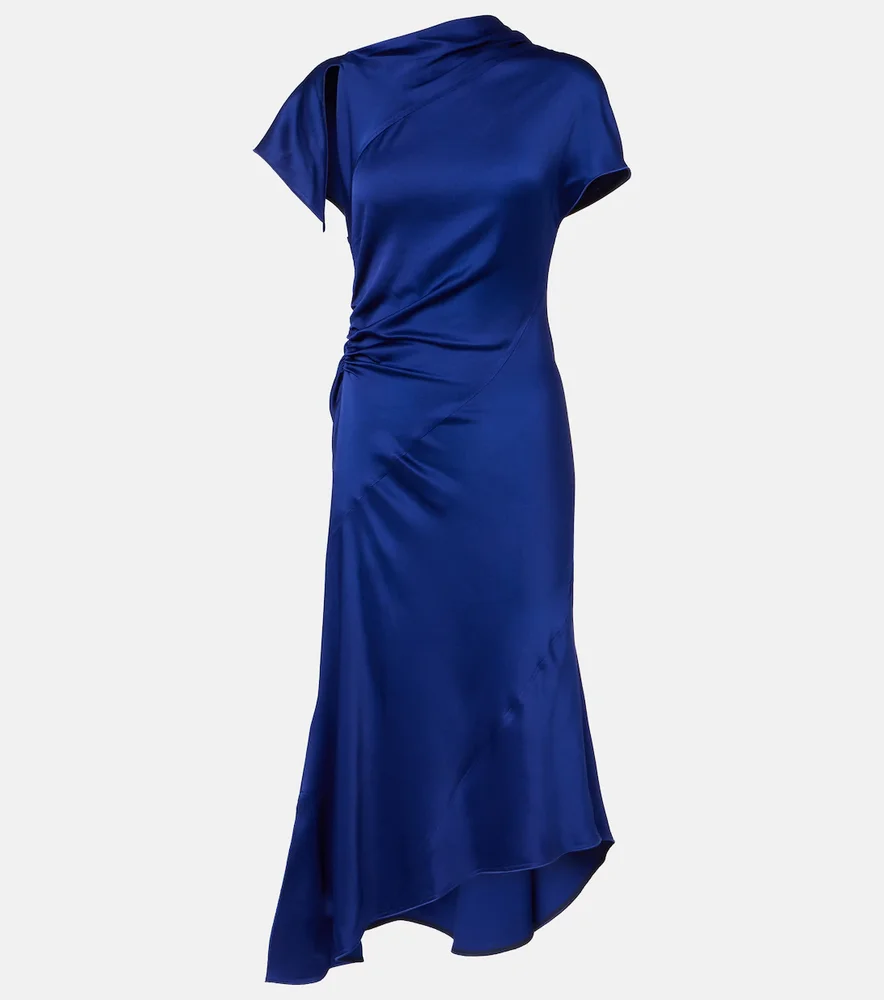 Asymmetric gathered crêpe satin midi dress