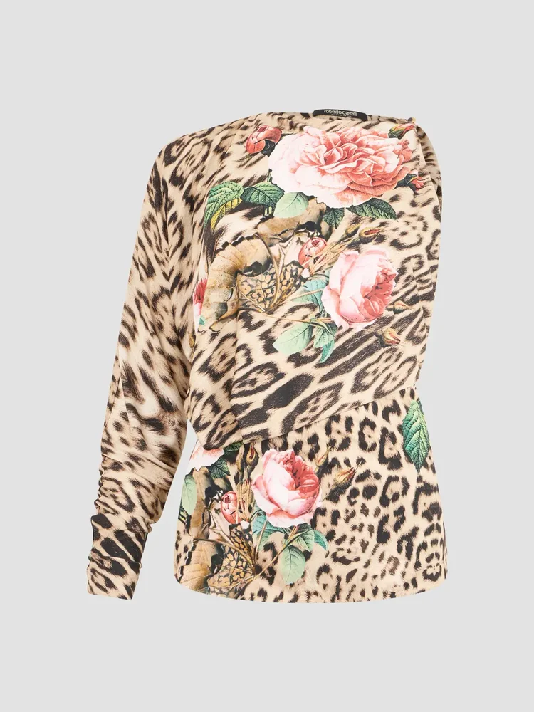 Floral Cheetah-Print One-Sleeve Blouse